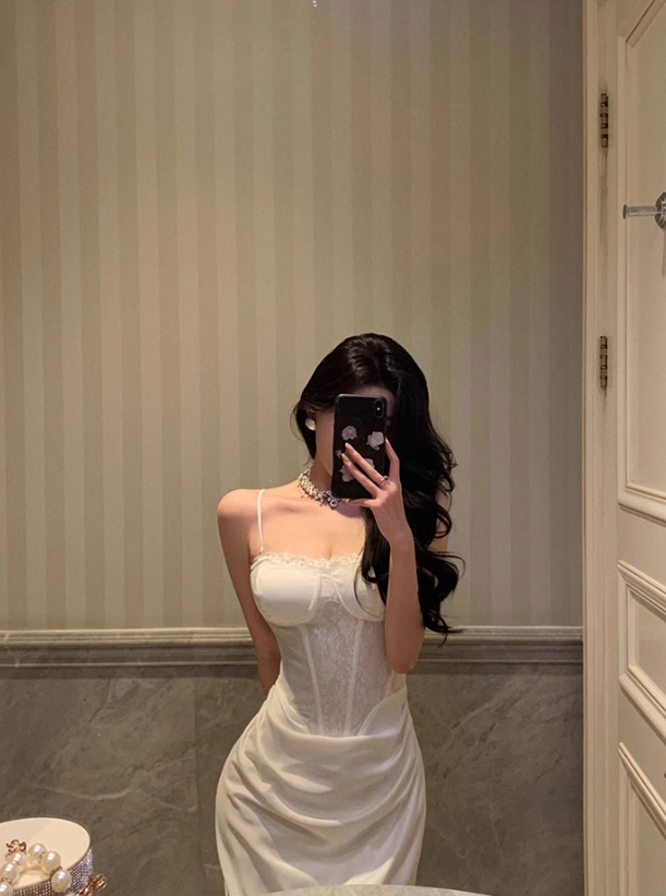 White Suspender Dress Sexy Waist Party Dress YM1668