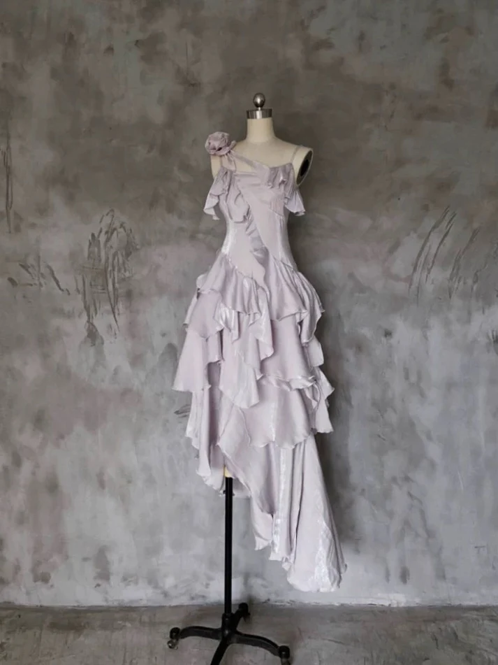 Irregular Ruffled Suspender Prom Dress Long Birthday Dress  YM1627