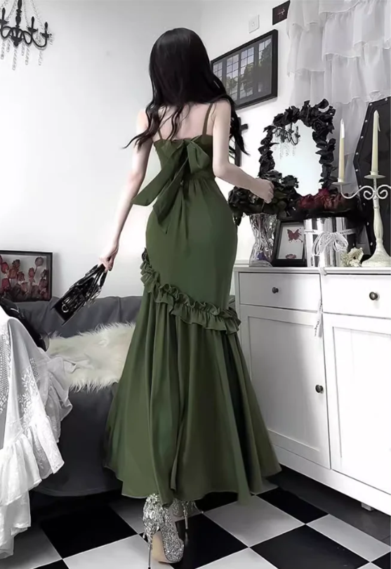 Pretty Mermaid Green Long Ruffles Prom Dress YM1625