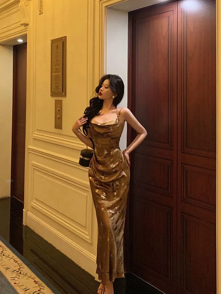 Gold Satin Date Night Dress Long Prom Dress Birthday Outfits YM1605