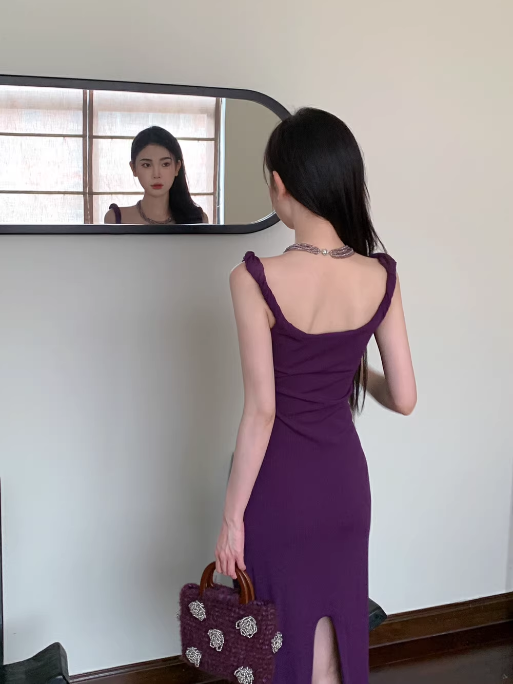 Simple Spaghetti Straps Purple Sheath Party Dress YM1773