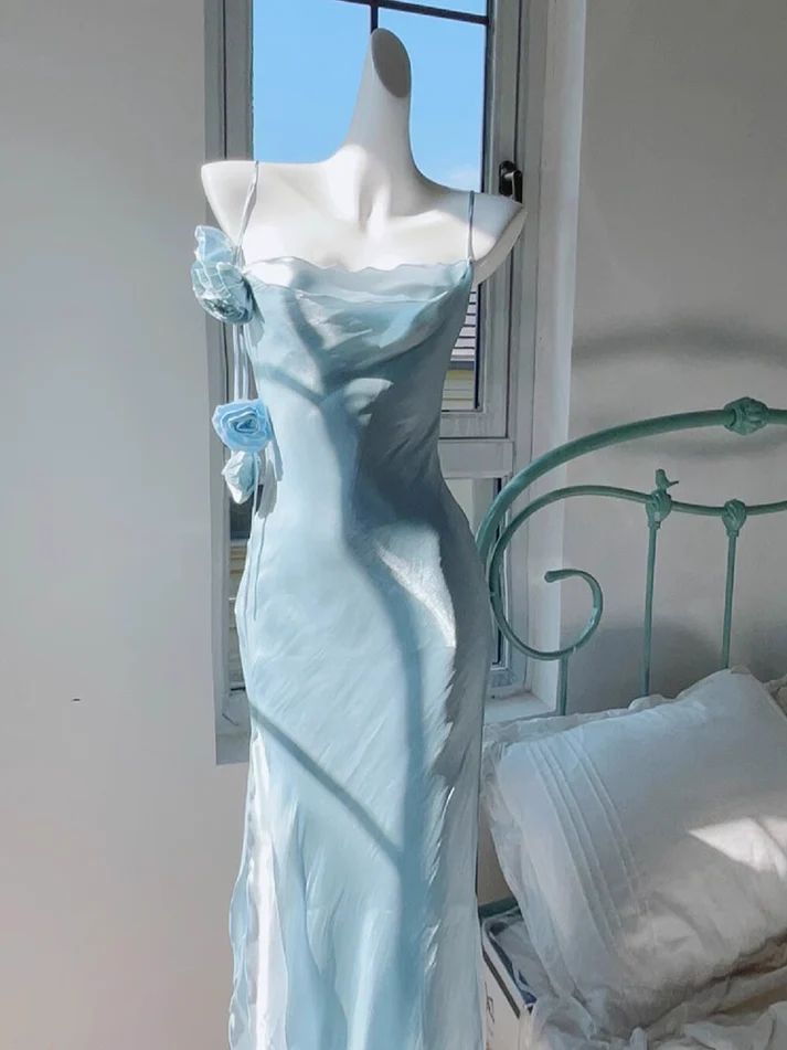 Elegant Straps Light Sky Blue Flower Chiffon Prom Dress Birthday Outfits  YM1626