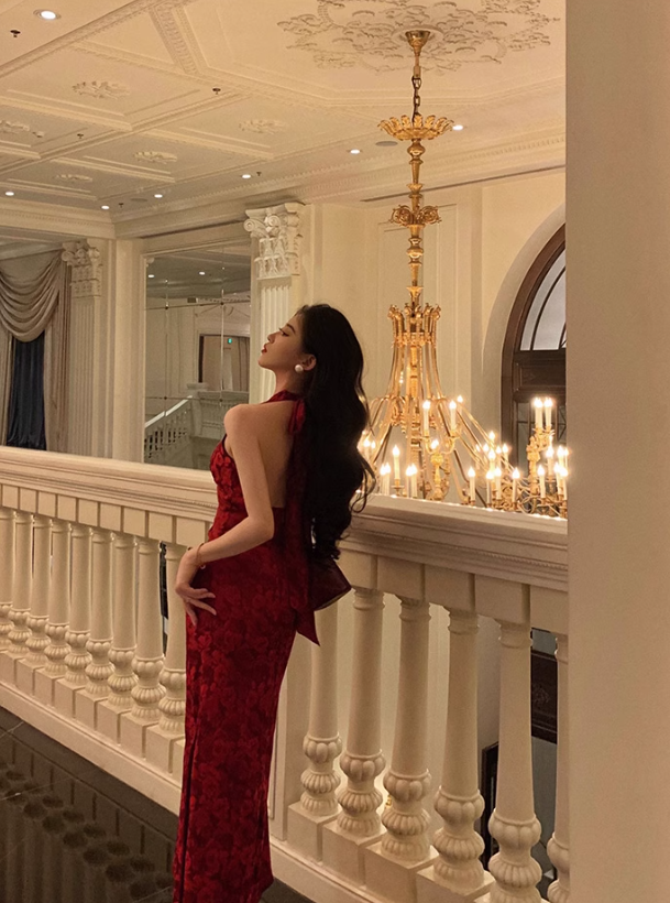 Sexy Red Halter Mermaid Prom Dress Print Floral Birthday Outfits YM1677