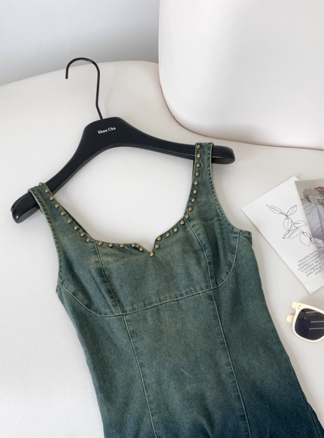 Denim Dress New Retro Gradient Suspender Long Dress YM1789