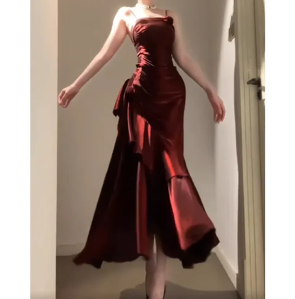 Burgundy Mermaid Spaghetti Straps Prom Dress YM1601