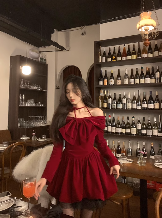 Cute Halter Long-sleeves Burgundy Velvet Short Dress Birthday Dress YM1741