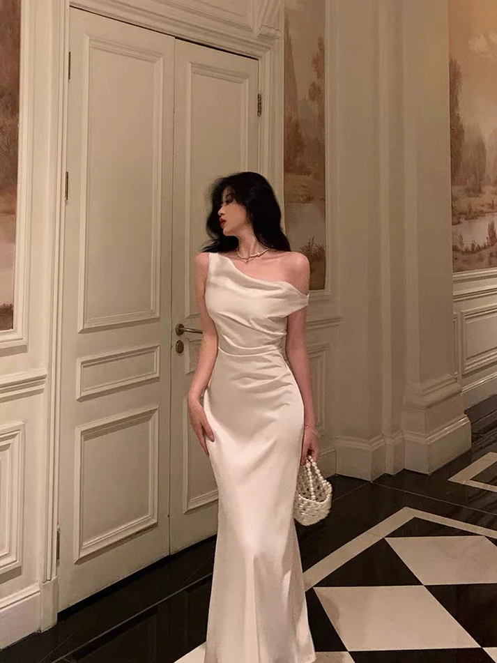 French One Shoulder White Prom Dress Evening Dress YM1606