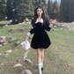 Long Sleeve Velvet Waist Slim Dress For Women Black Princess Mini Dress YM1743