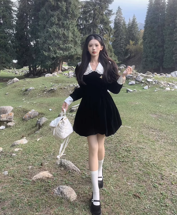 Long Sleeve Velvet Waist Slim Dress For Women Black Princess Mini Dress YM1743
