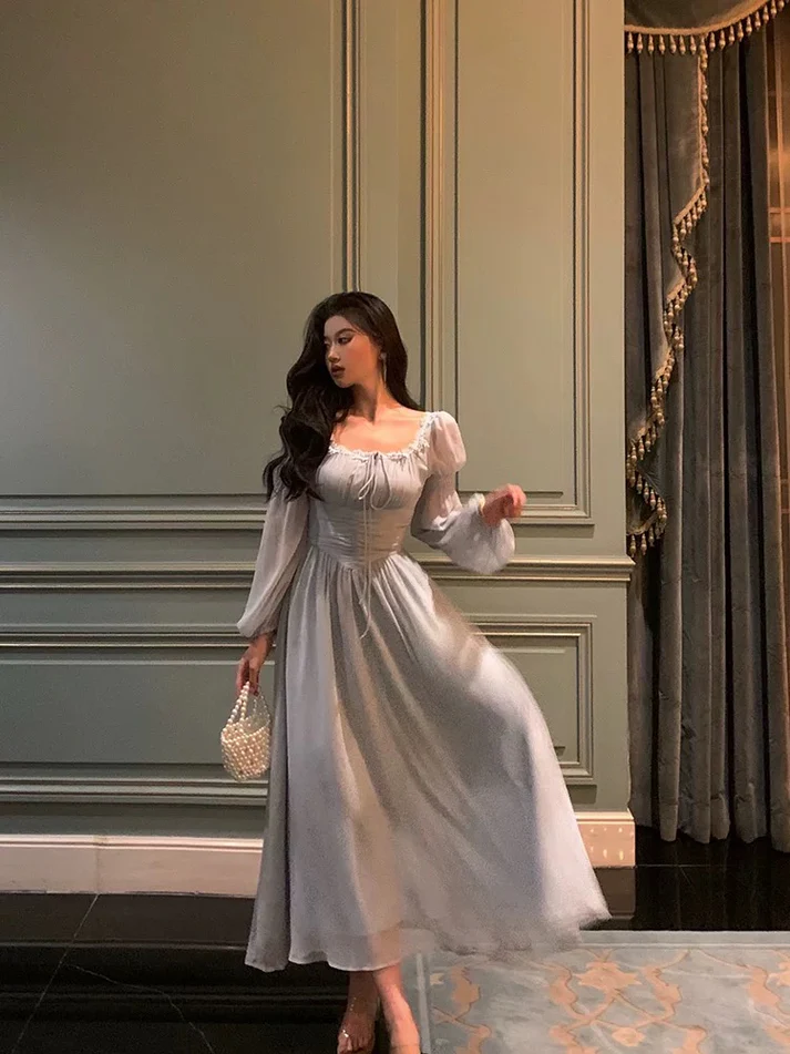 Charming Square Neckline Long Sleeves Chiffon Blue Prom Dress Birthday Party Outfit  YM1726