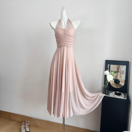 Halter Neck Suspender Dress Seaside Holiday Style Backless Pink Long Dress YM1771