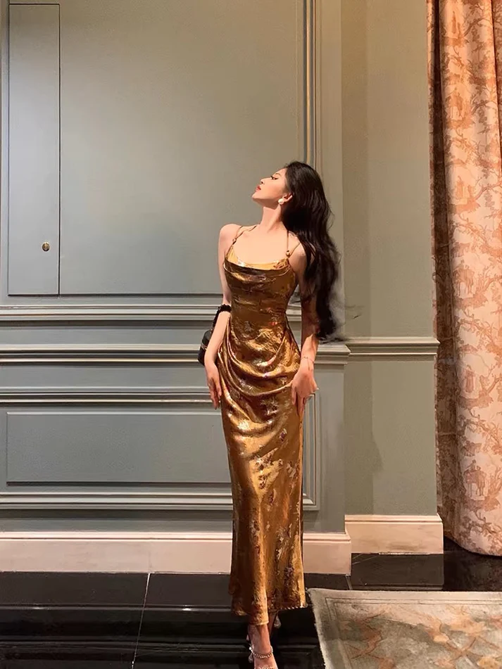 Gold Satin Date Night Dress Long Prom Dress Birthday Outfits YM1605