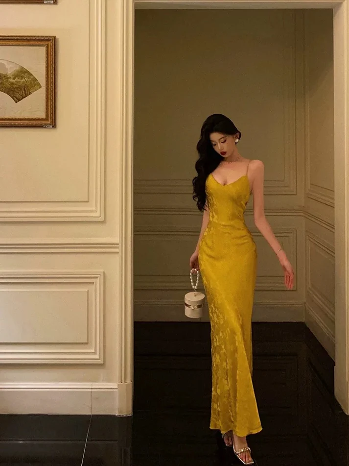 Pretty Spaghetti Straps Gold Prom Dress Birthday Outfits YM1610