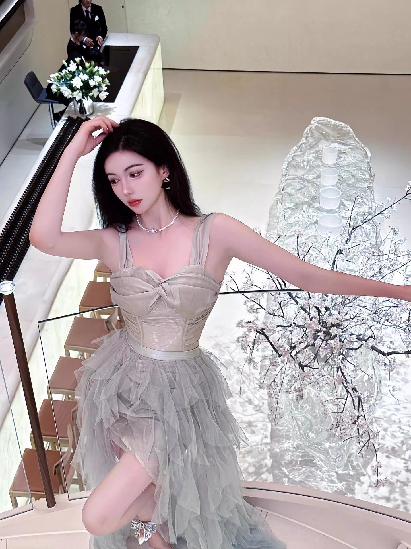 Light Green Brithday Dress Irregular Tulle Prom Dress With Train YM1641