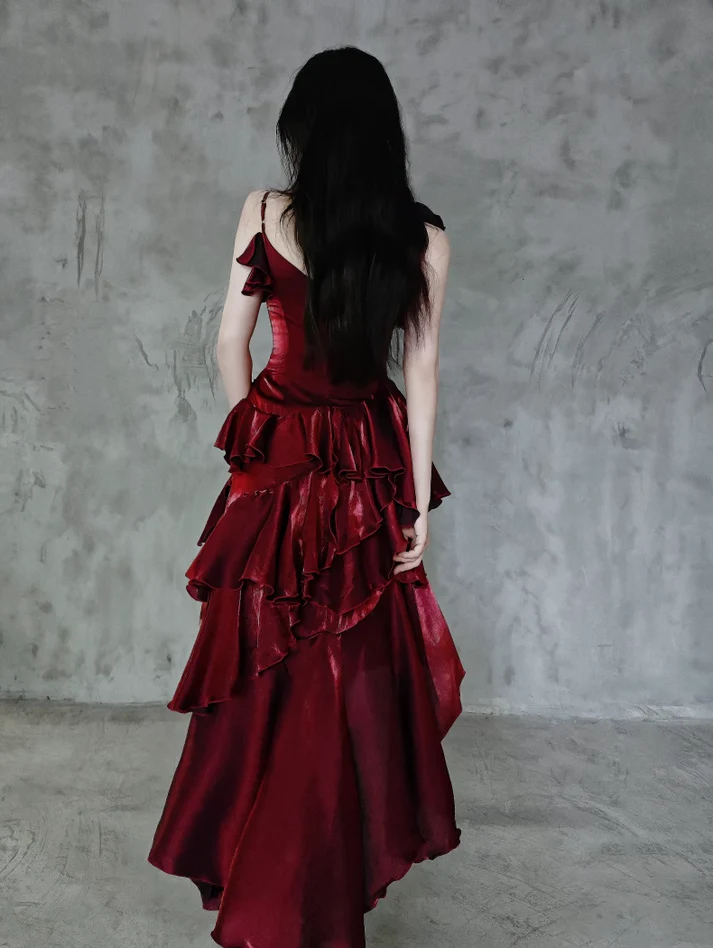 Irregular Ruffled Suspender Prom Dress Burgundy Long Birthday Dress YM1630