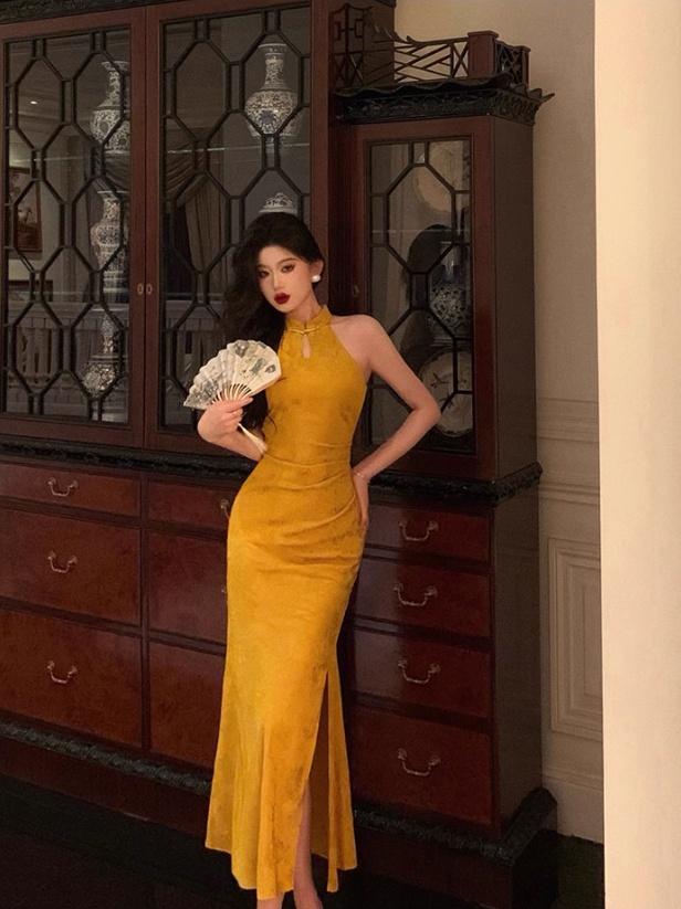 Sexy Gold Halter Neck Print Floral Slit Party Dress YM1671