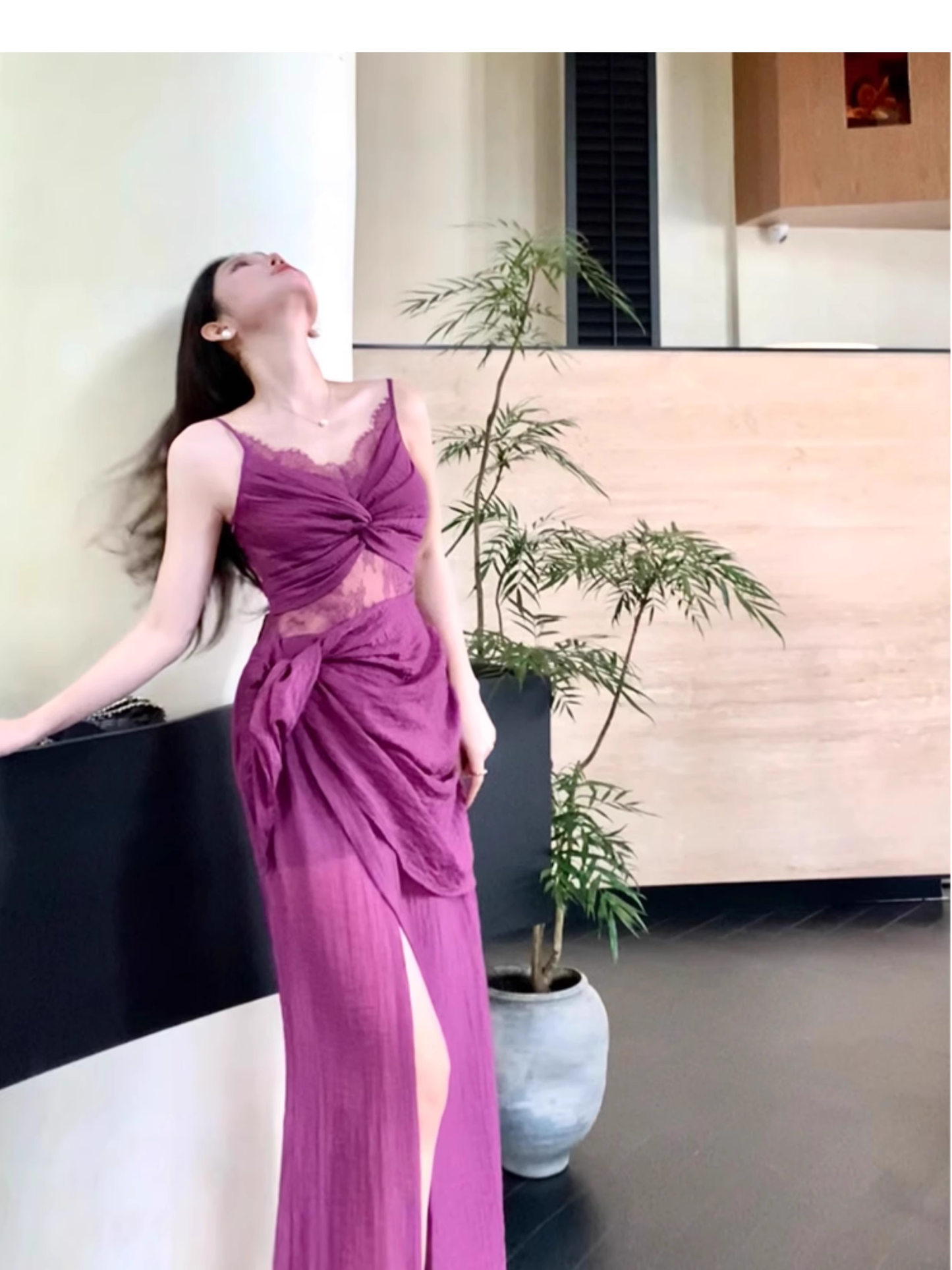 Sexy Lace Fuchsia Prom Dress Slit Pleated Party Dress YM1699
