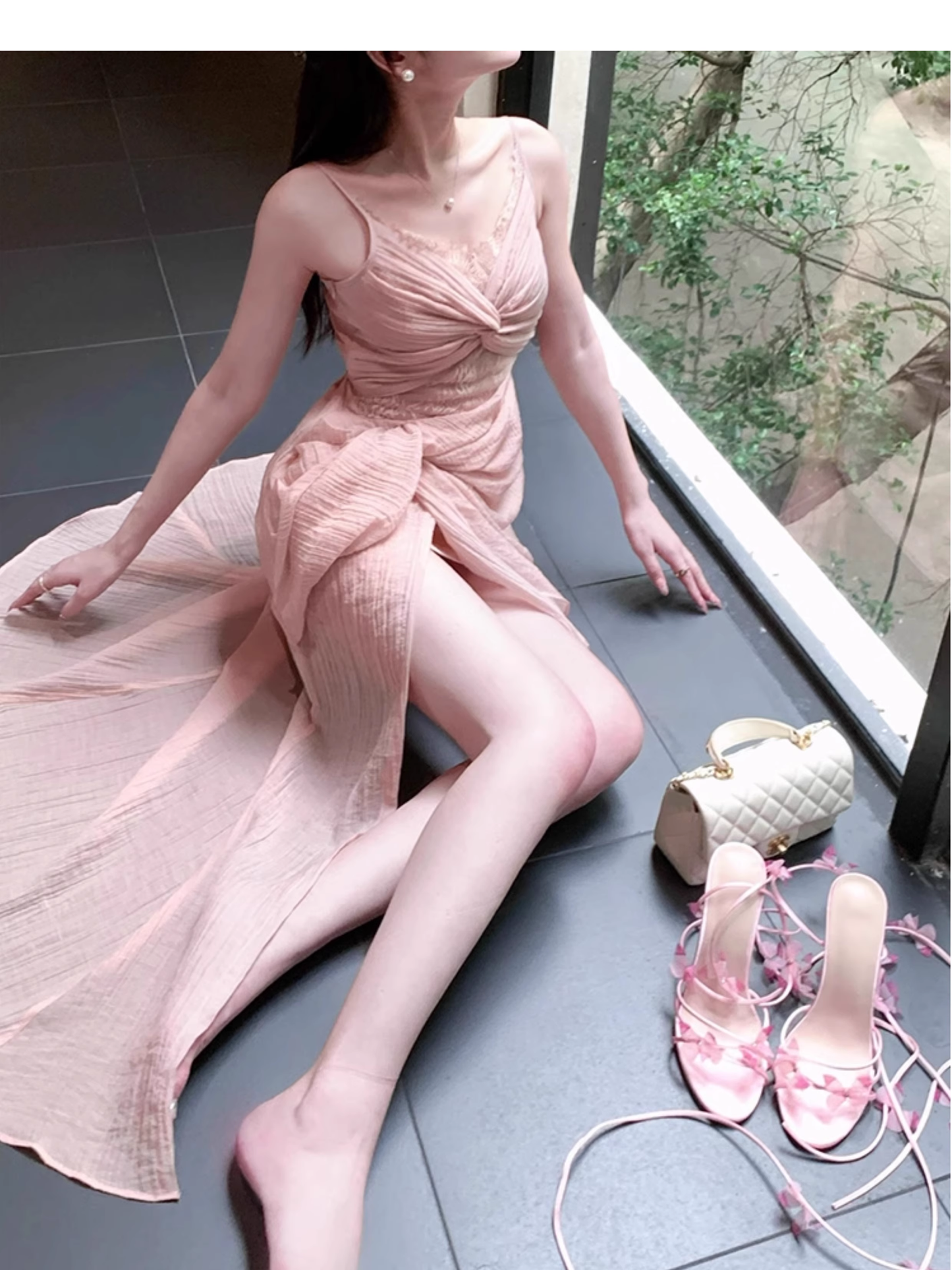 Sexy Lace Fuchsia Prom Dress Slit Pleated Party Dress YM1699