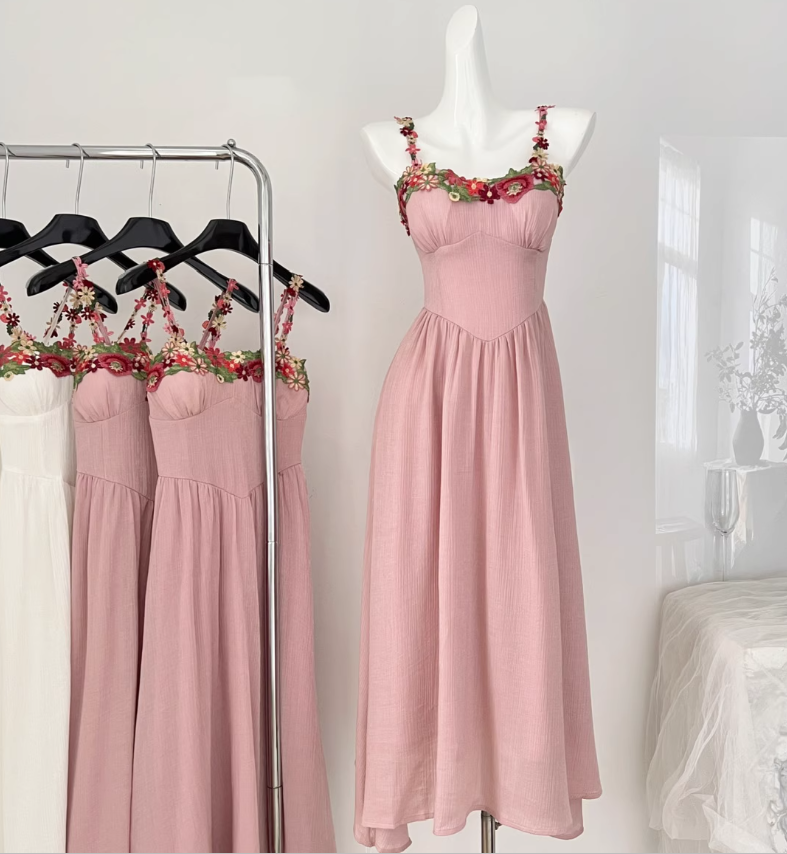 Fashion Design Pink Dress Sweet Long Party Dress With Appliques YM1792