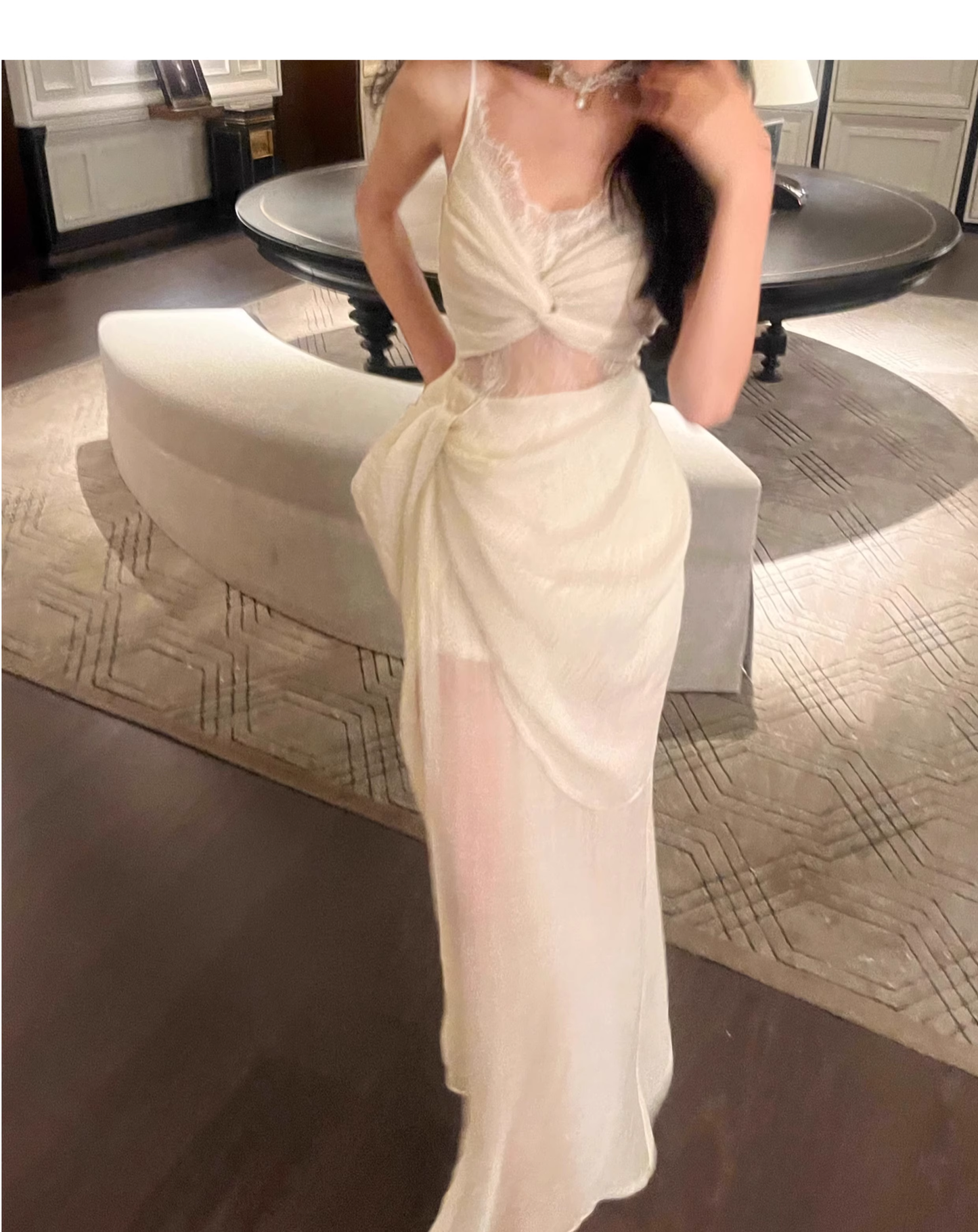 Sexy Lace Apricot Prom Dress Slit Pleated Party Dress YM1698