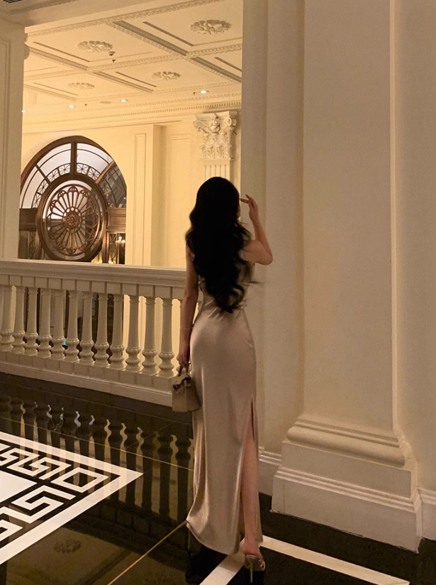 Classy Suspender Dress Slit Satin Champagne Long Party Dress YM1675