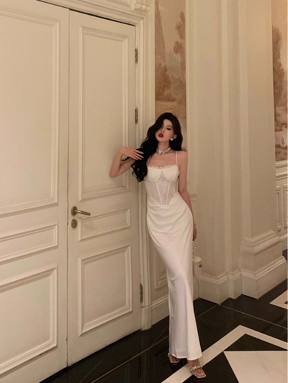 White Suspender Dress Sexy Waist Party Dress YM1668