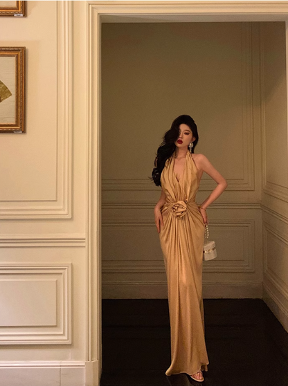 French V-Neck Halter Dress Sexy Backless Evening Dress YM1670