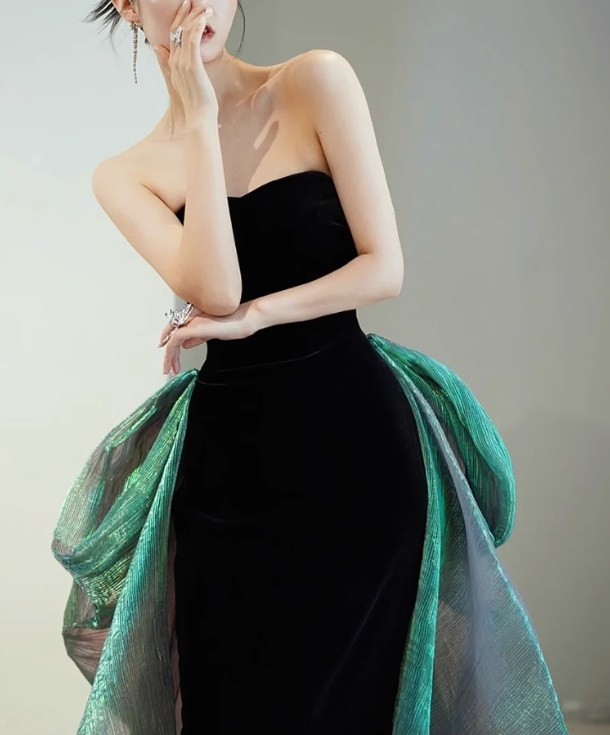 Black Evening Dress Strapless Velevet Mermaid Prom Dress YM1615