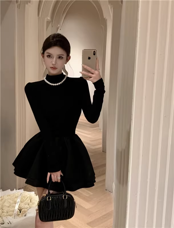 Black Long Sleeve Puffy Little Black Dress Christmas Dress YM1778