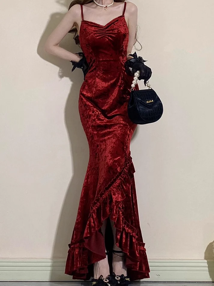 Vintage Mermaid Irregular Ruffled Burgundy Birthday Party Dress YM1603