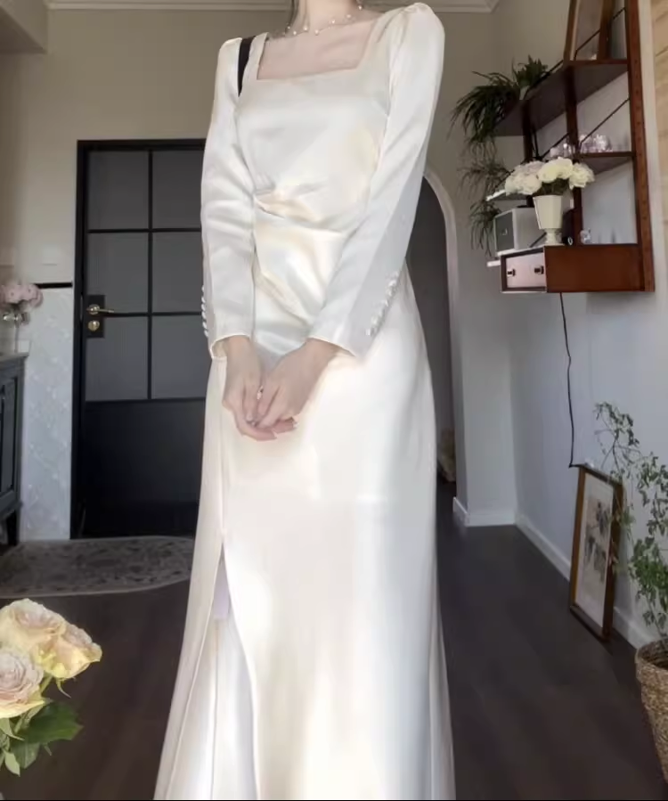 Elegant White Slit Prom Dress Women's Long Sleeve Birthday Dress YM1696