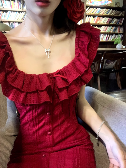 Red Short Dress Slimming And Elegant Suspender Dress YM1755