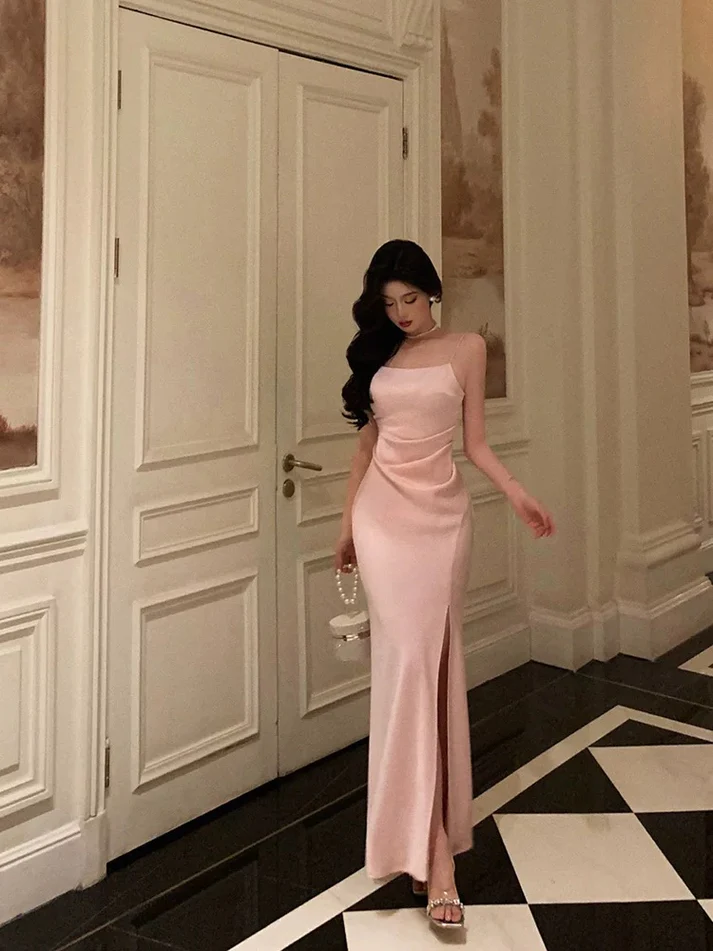 Classy Pink Satin Prom Dress Birthday Outfits Evening Gown YM1619