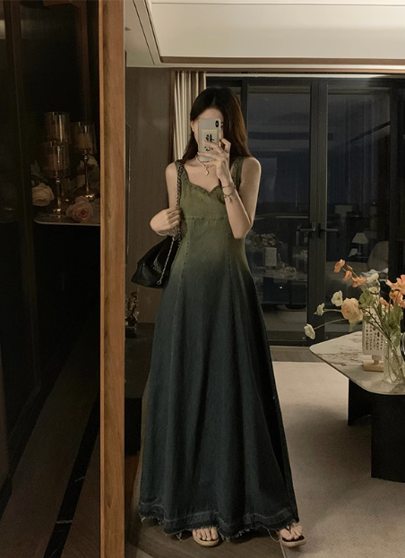 Denim Dress New Retro Gradient Suspender Long Dress YM1789