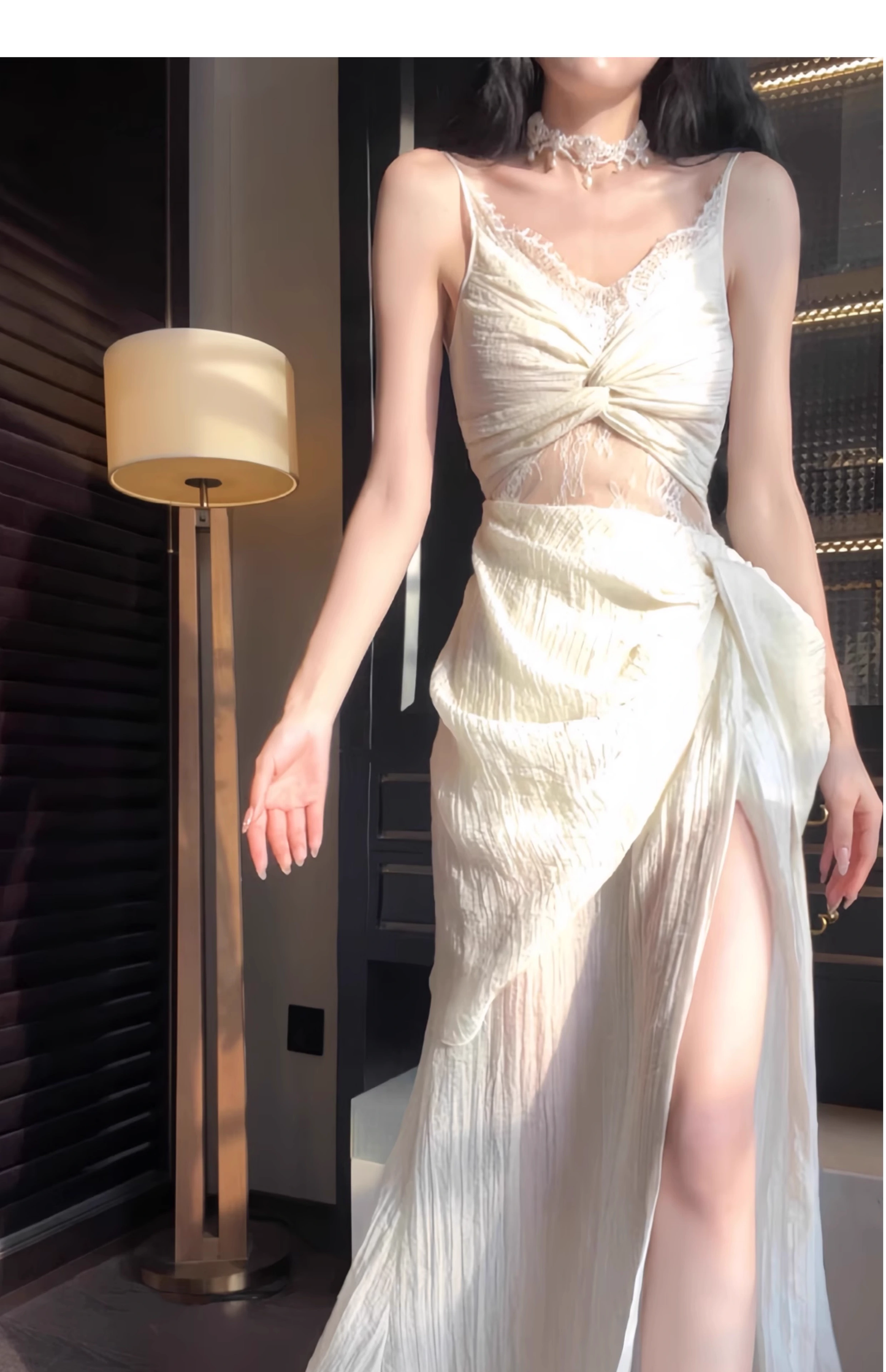 Sexy Lace Apricot Prom Dress Slit Pleated Party Dress YM1698