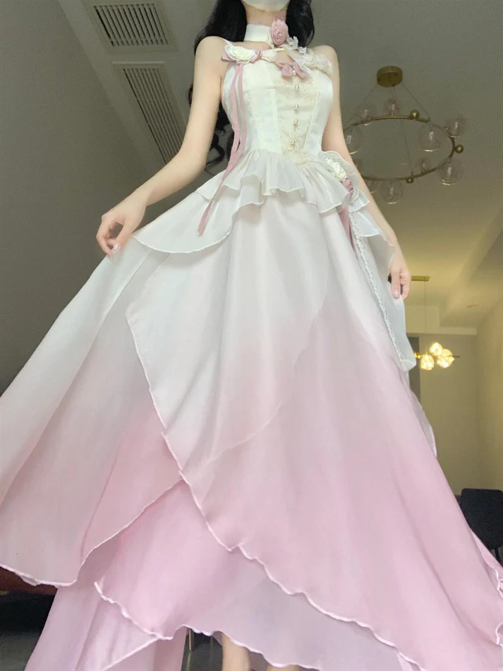 Fairy Ombre Pink Chiffon Dress Prom Dress Birthday Outfits  YM1730