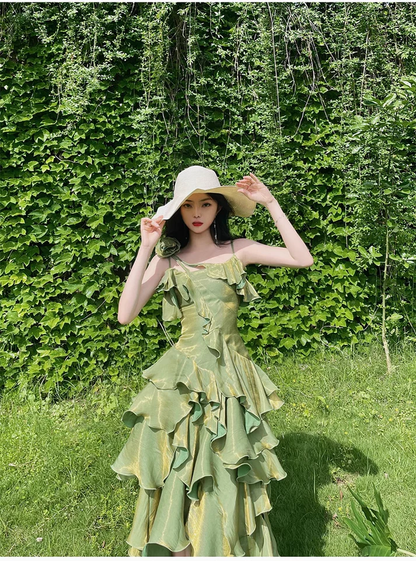 Irregular Ruffled Suspender Prom Dress Green Long Birthday Dress YM1628