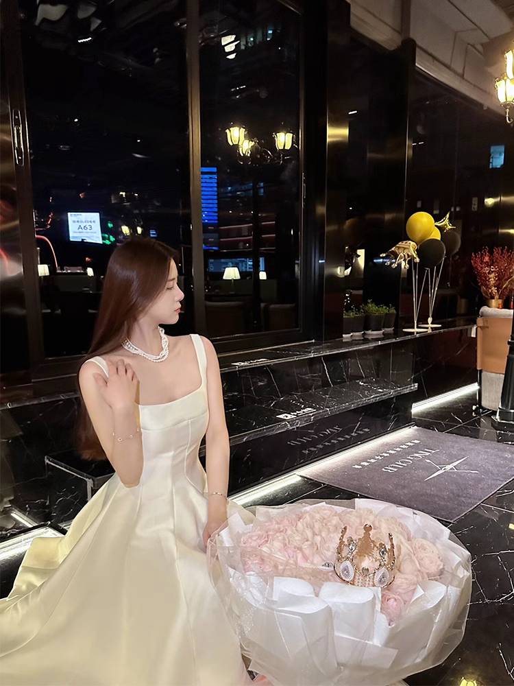 A Line Suspender Dress White Birthday Dress YM1654