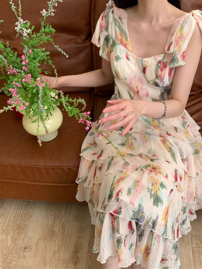 Floral Slimming Sleeveless Elegant Cake A Line Layered Dress YM1776