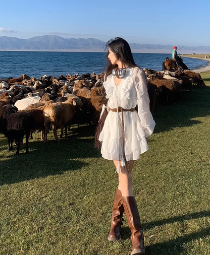 White Long Sleeves Short Dress For Women  YM1745