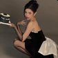 Shiny Black Beaded Velvet Short Dress Birthday Dress With Bow YM1718
