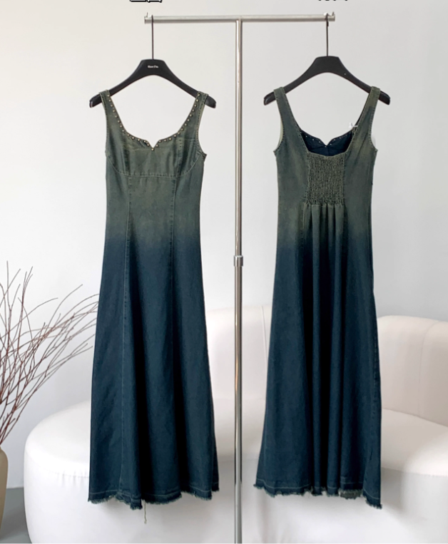 Denim Dress New Retro Gradient Suspender Long Dress YM1789