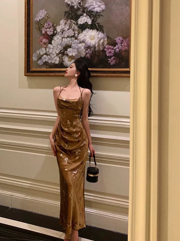 Gold Satin Date Night Dress Long Prom Dress Birthday Outfits YM1605
