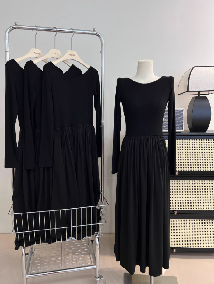 Hepburn Style Early Autumn New A-line Dress U-neck Black Birthday Outfits YM1774