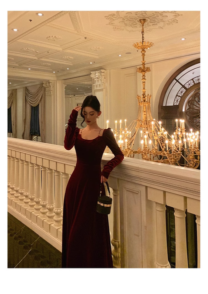 Red Velvet Dress Vintage Long Prom Dress YM1663