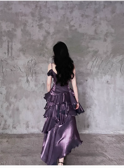 Irregular Ruffled Suspender Prom Dress Dark Purple Long Birthday Dress YM1629