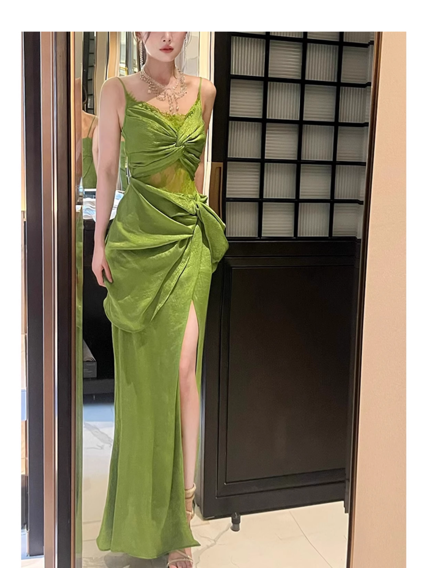Sexy Lace Apricot Prom Dress Slit Pleated Party Dress YM1698