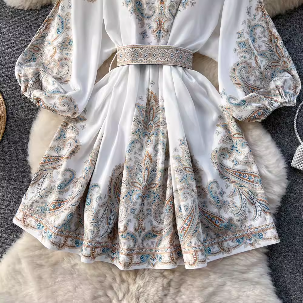 New French Retro Print Medium Length Summer Dress YM1573