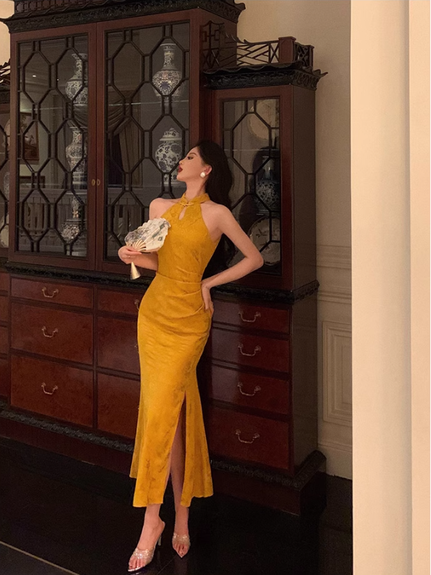 Sexy Gold Halter Neck Print Floral Slit Party Dress YM1671