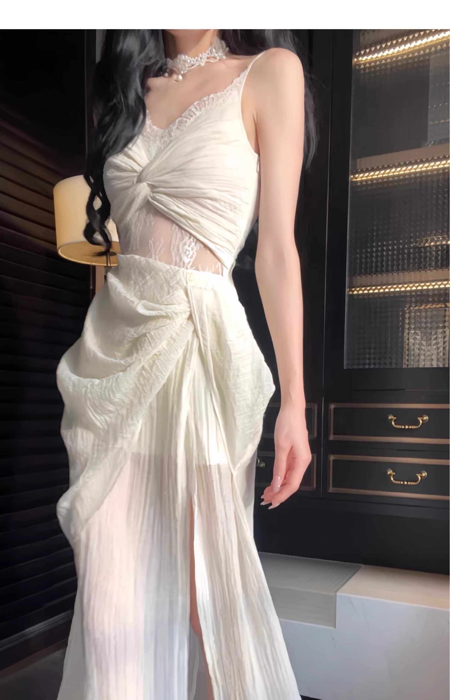 Sexy Lace Apricot Prom Dress Slit Pleated Party Dress YM1698